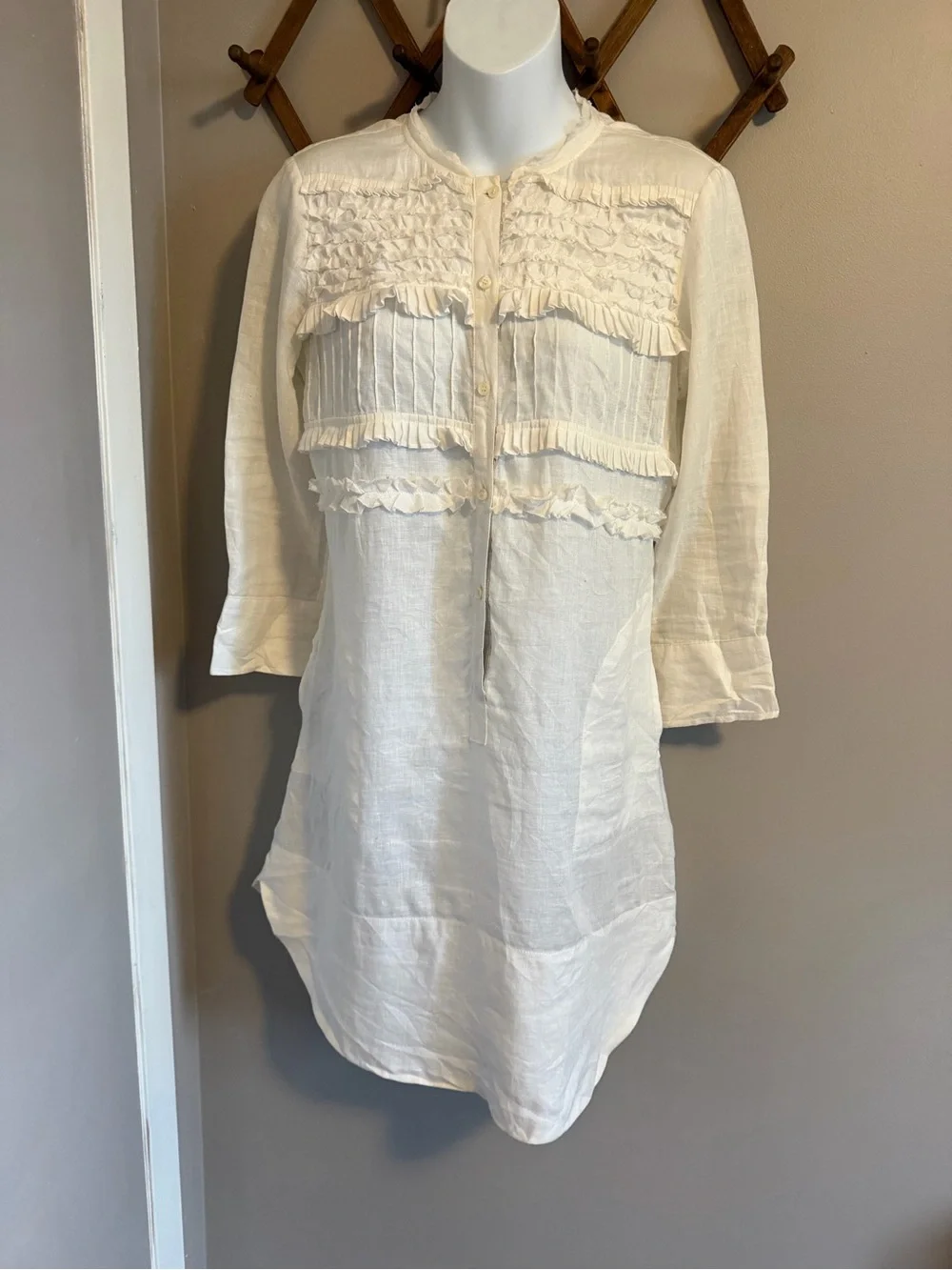 Henry Cottons White 100% Linen Ruffle Pintuck Tunic Shirt Dress Pocket Sz 42 (6) - Picture 1 of 9